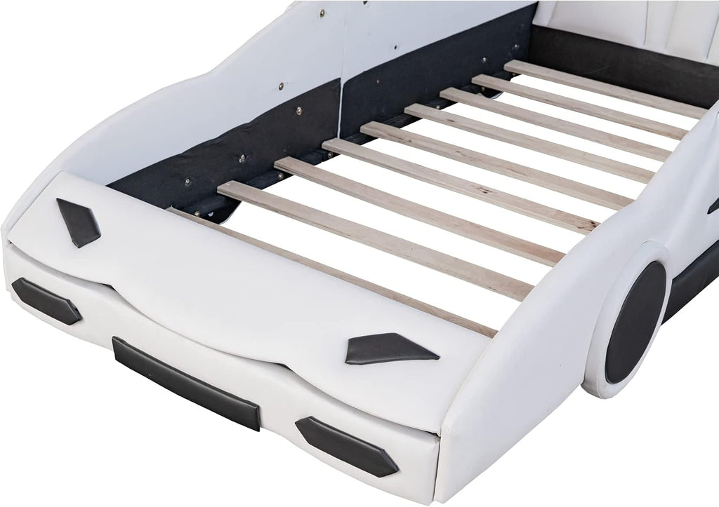 Twin Size Race Car-Shaped Platform Bed with Decorative Wheels and Seat Backrest,Wooden Platform Bed Frame and Wood Slat Support for Kids Teens Boys Girls Bedroom Furniture,White