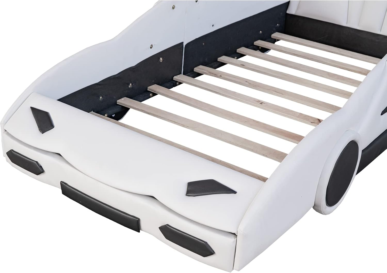 Twin Size Race Car-Shaped Platform Bed with Decorative Wheels and Seat Backrest,Wooden Platform Bed Frame and Wood Slat Support for Kids Teens Boys Girls Bedroom Furniture,White