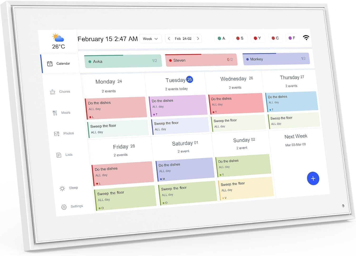 15.6 Inch Digital Calendar with Wall Mount Option, HD Touchscreen Planner, Wi-Fi sync, Color Coded Scheduling, Meal Planning, Chore Chart for Family and Home Organization