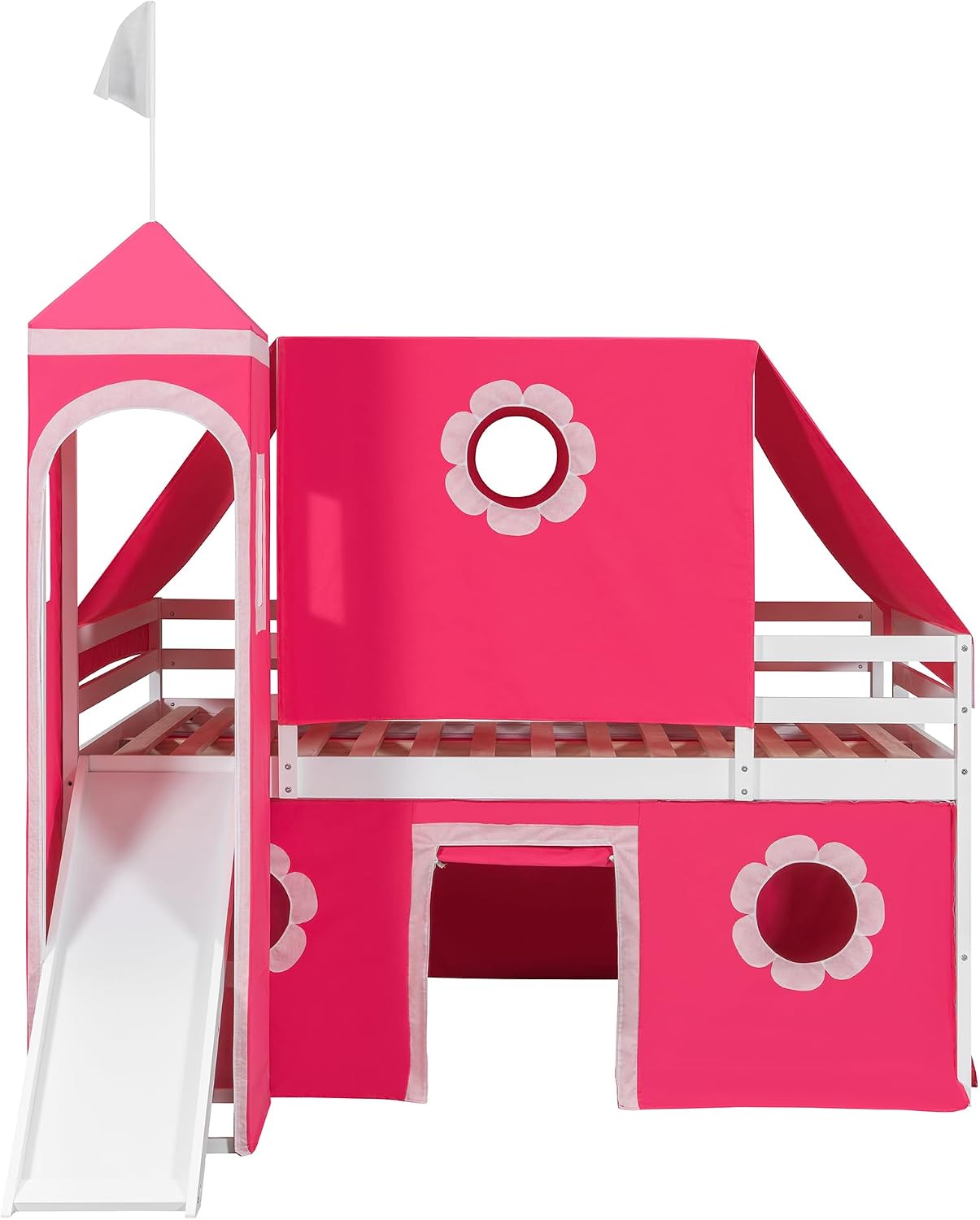 Pink Loft Bed with Slide and Play Tent Full Size Castle Themed Kids Bed with Tower Playhouse Design for Girls Bedroom Furniture