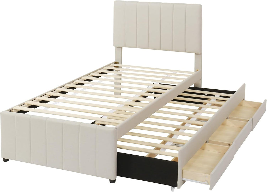 VilroCaz Twin Size Upholstered Platform Bed with Trundle and 3 Drawers, Linen Fabric Platform Bed Frame with Stripe Headboard, No Box Spring Needed, Space Savings (Beige+Li)