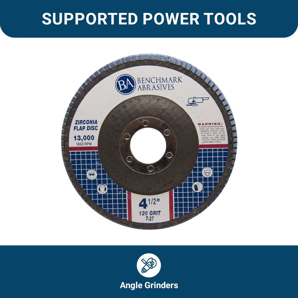 Benchmark Abrasives 4.5' x 7/8' Premium Zirconia T27 Flat Flap Discs 4 1/2 for Angle Grinder Sanding Discs, Finishing Grinding Wheels 4 1/2 Inch for Sanding Stock Rust Removal (100 Pack) - 120 Grit