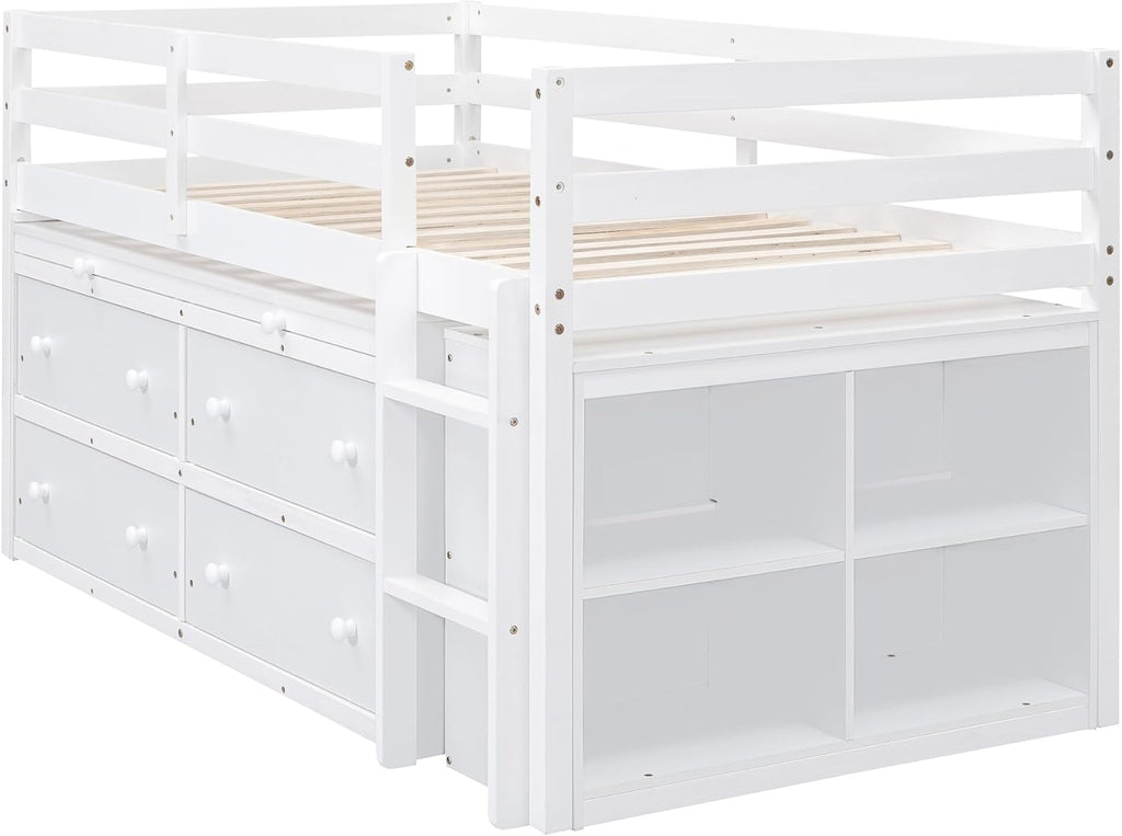 JIVOIT Twin Size Low Loft Bed with Retractable Writing Desk, Storage Bed with 4 Drawers and Shelves, Wooden Loft Bed with Lateral Portable Desk for Kids Teens Adults Bedroom (White,Twin,9)