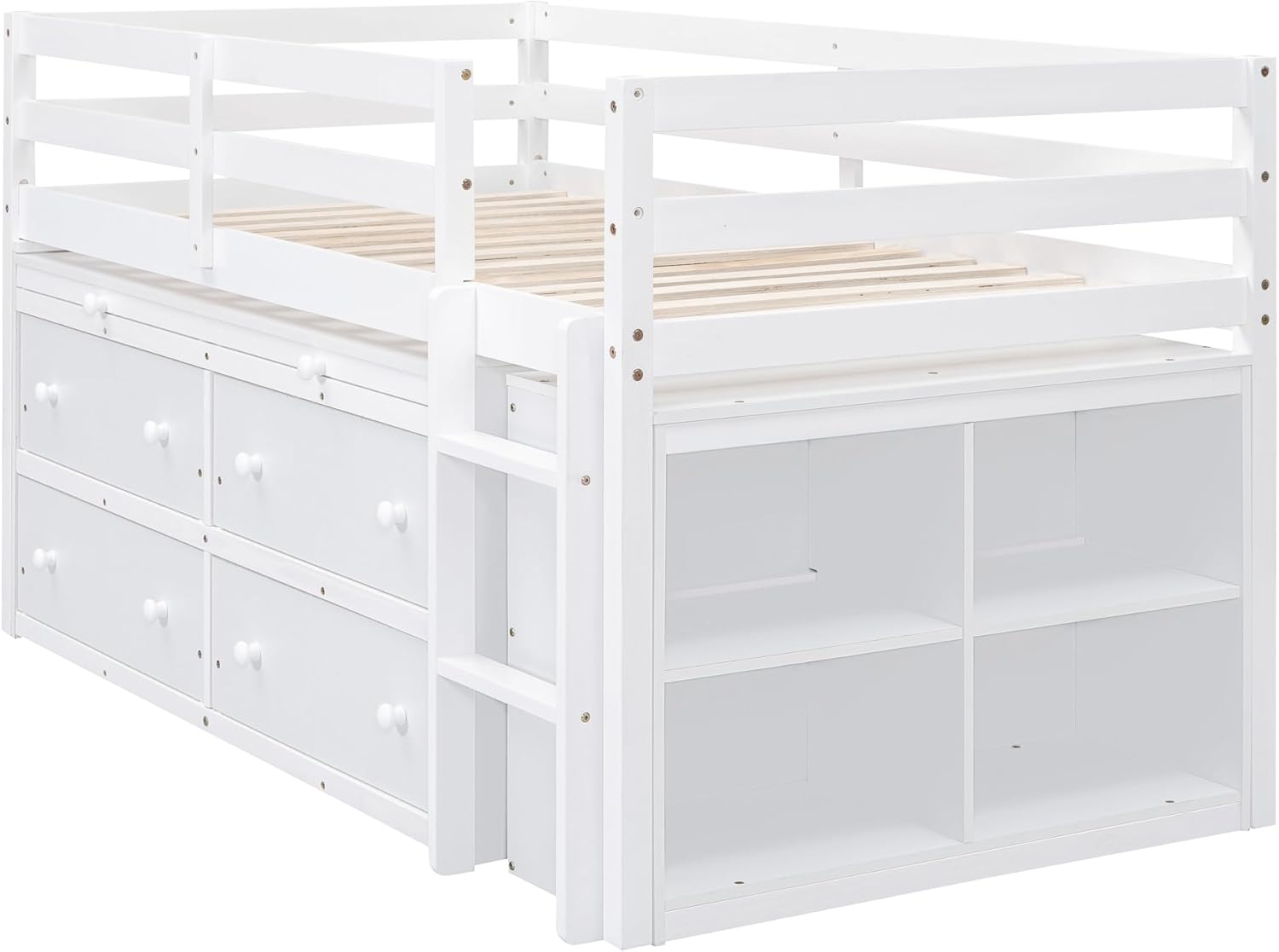 JIVOIT Twin Size Low Loft Bed with Retractable Writing Desk, Storage Bed with 4 Drawers and Shelves, Wooden Loft Bed with Lateral Portable Desk for Kids Teens Adults Bedroom (White,Twin,9)