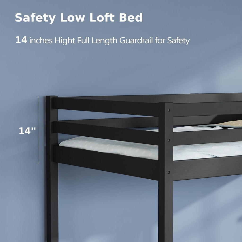 VINGLI 47'' Tall Junior Low Loft Bed with Stairs, Wood Loft Bed Twin Size for Adults, Kids and Young Teens, No Box Spring Required,Wood Slat Support, Black