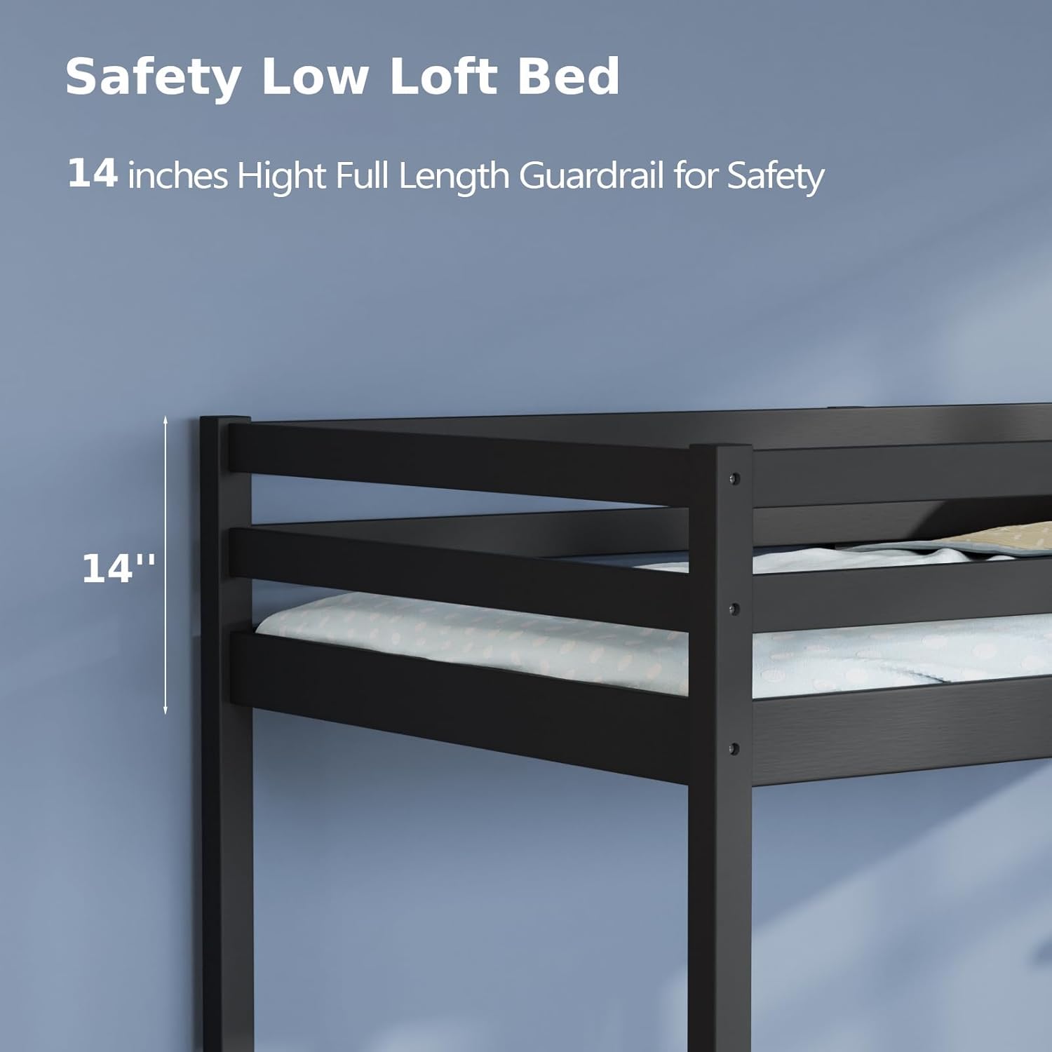 VINGLI 47'' Tall Junior Low Loft Bed with Stairs, Wood Loft Bed Twin Size for Adults, Kids and Young Teens, No Box Spring Required,Wood Slat Support, Black