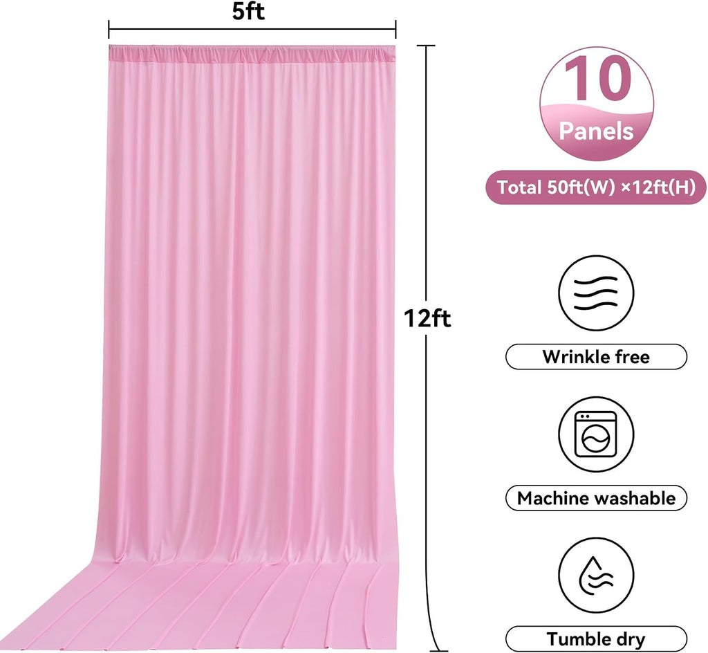50ftx12ft Pink Backdrop Curtains for Parties, Wrinkle Free Polyester Pink Photo Backdrop Drapes 10 Panels 12 ft Long Back Drop Cloth for Wedding Birthday Photography Background Party