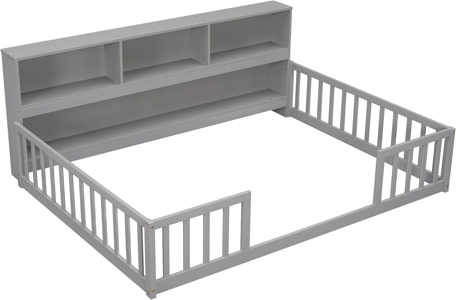 Bellemave Kids Montessori Floor Bed,Full Size Floor Bed with Bookcase and Shelves,Full Bed Frame with Guardrails for Kids,Girls,Boys,Full,Gray