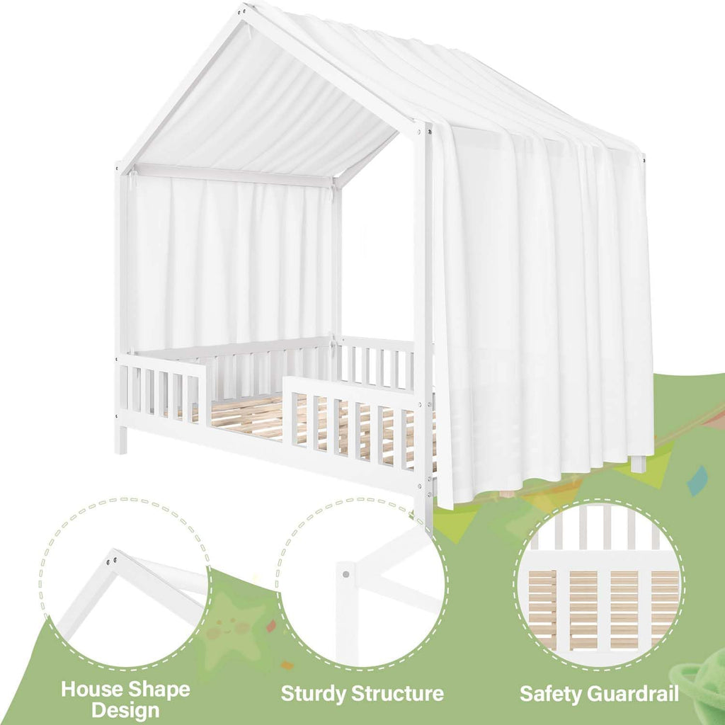 Cute Montessori Bed Frame Full Size with Canopy, Low Profile House Shape Bed with Safety Railing & Wood Slat Support, Kids Playhouse Bedframes for Boys Girls (White, Full)