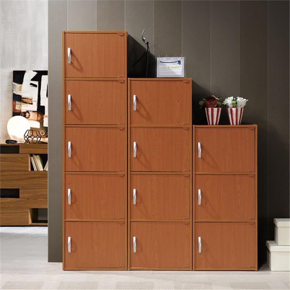 Pemberly Row 5 Shelf 5 Door Bookcase, Cherry Finish, 59 in H x 15.9 in W x 11.75 in D, Slim Multipurpose Design, Storage for Office, Bedroom, Living Room, Kids Room, Kitchen or Laundry Organization