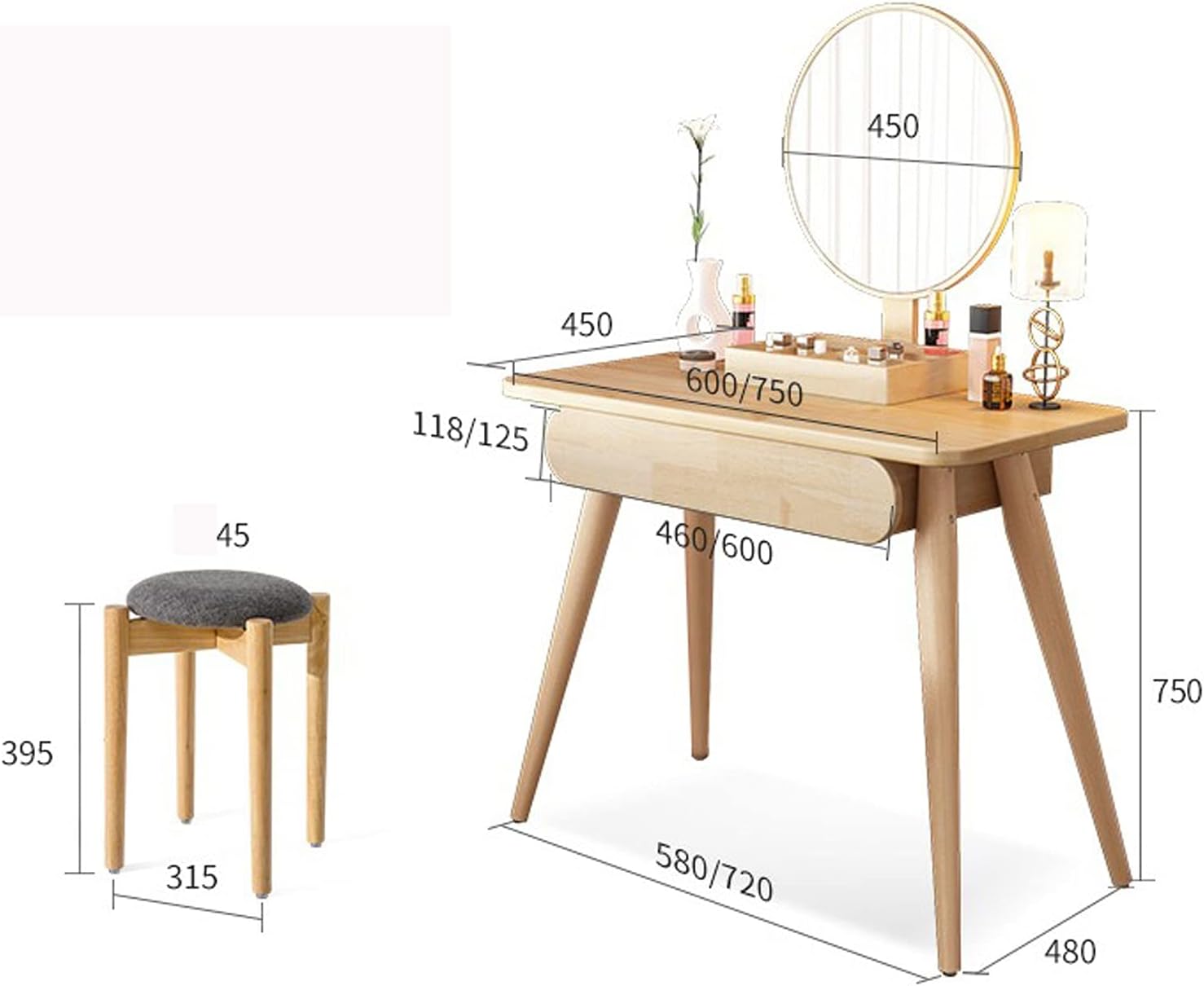 Dressing Table Vanity Set with Mirror and 1 Drawer, Makeup Vanity Dressing Table, Dresser Desk and Cushioned Stool Set for Girl, Women Bedroom Makeup Desk Size:60*45cm)