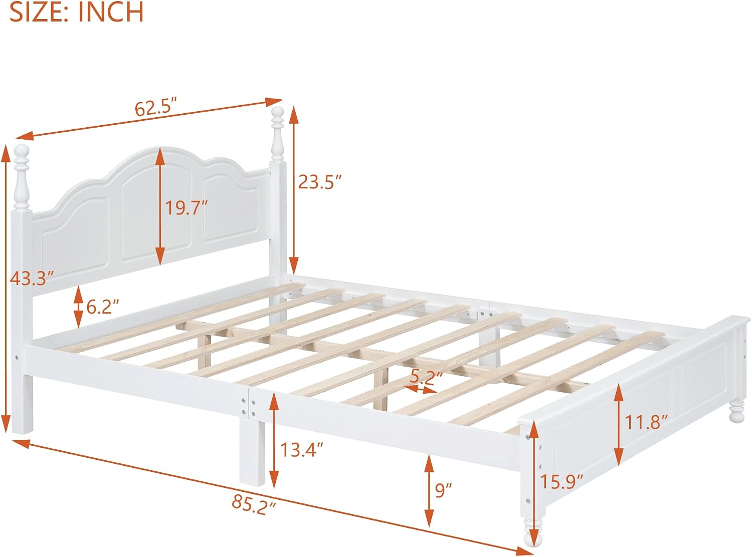 JIVOIT Wood Queen Bed Frame with Headboard and Footboard, Retro Style Platform Bed with Wooden Slat Support, Solid Wood Foundation, Queen Size Wooden Bed Frame (White, Queen Bed, 1)