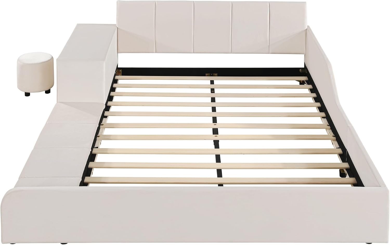 Full Size Upholstered Grounded Bed,Mother & Child Bed with Bedside Desk and Little Round Stool,for Kids Boys Girls Bedroom Use (Beige@Desk/, Full)