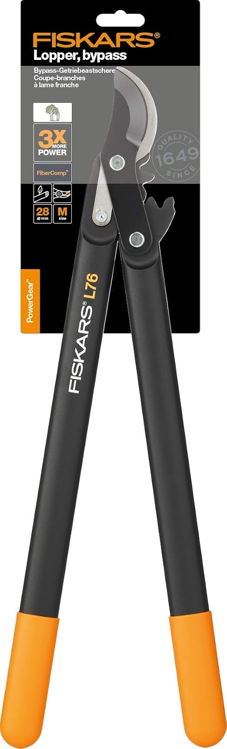 Fiskars PowerGear Lopper Bypass, Scissor Head (M) L76, Patented Mechanism PowerGear II, Cutting Diameter : 2.8 cm, Hardened steel blades with non-stick coating, Length: 56 cm, Black/Orange, 1001553