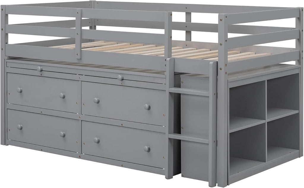 JIVOIT Twin Size Low Loft Bed with Retractable Writing Desk, Storage Bed with 4 Drawers and Shelves, Wooden Loft Bed with Lateral Portable Desk for Kids Teens Adults Bedroom (Gray,Twin,9)