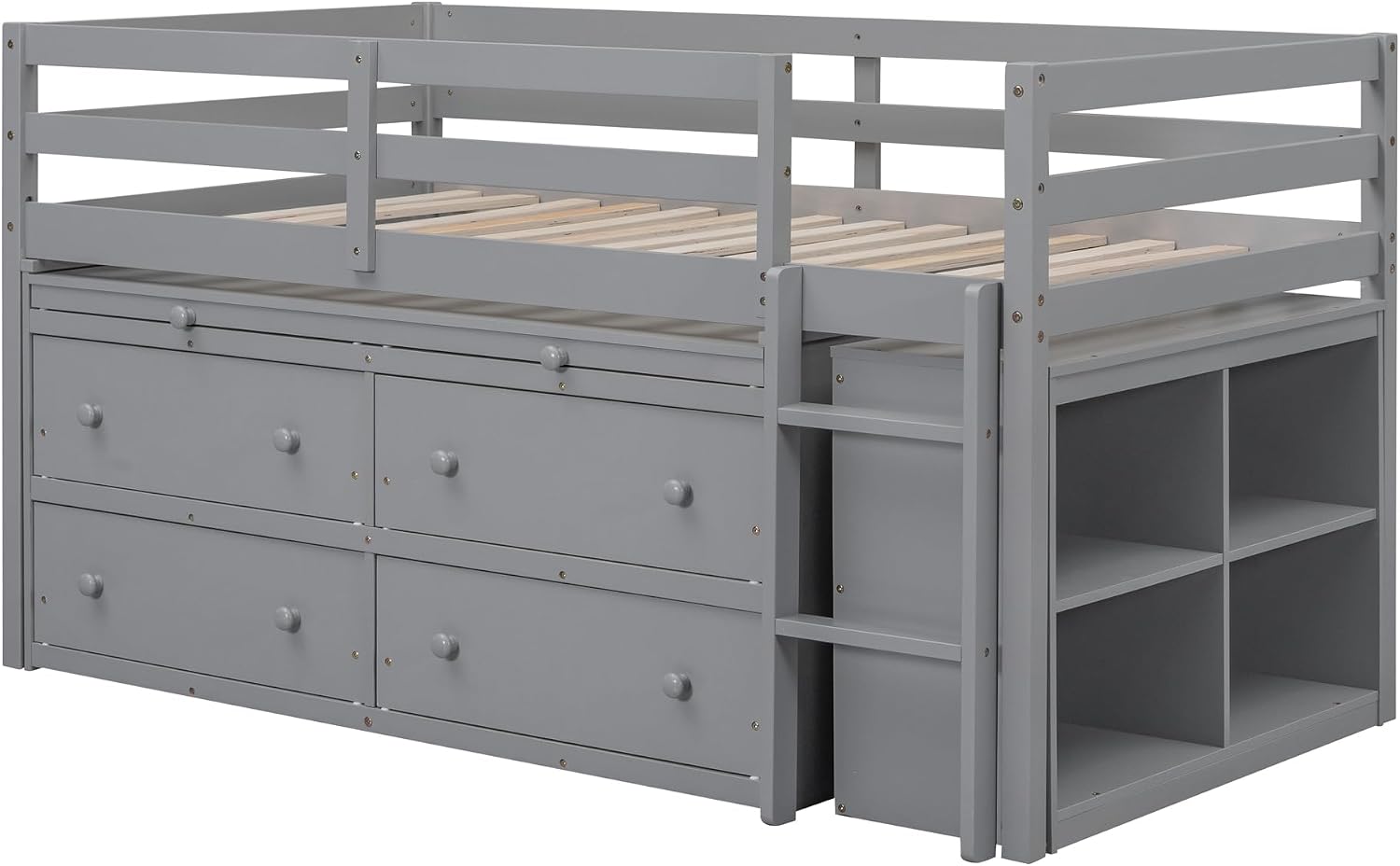 JIVOIT Twin Size Low Loft Bed with Retractable Writing Desk, Storage Bed with 4 Drawers and Shelves, Wooden Loft Bed with Lateral Portable Desk for Kids Teens Adults Bedroom (Gray,Twin,9)