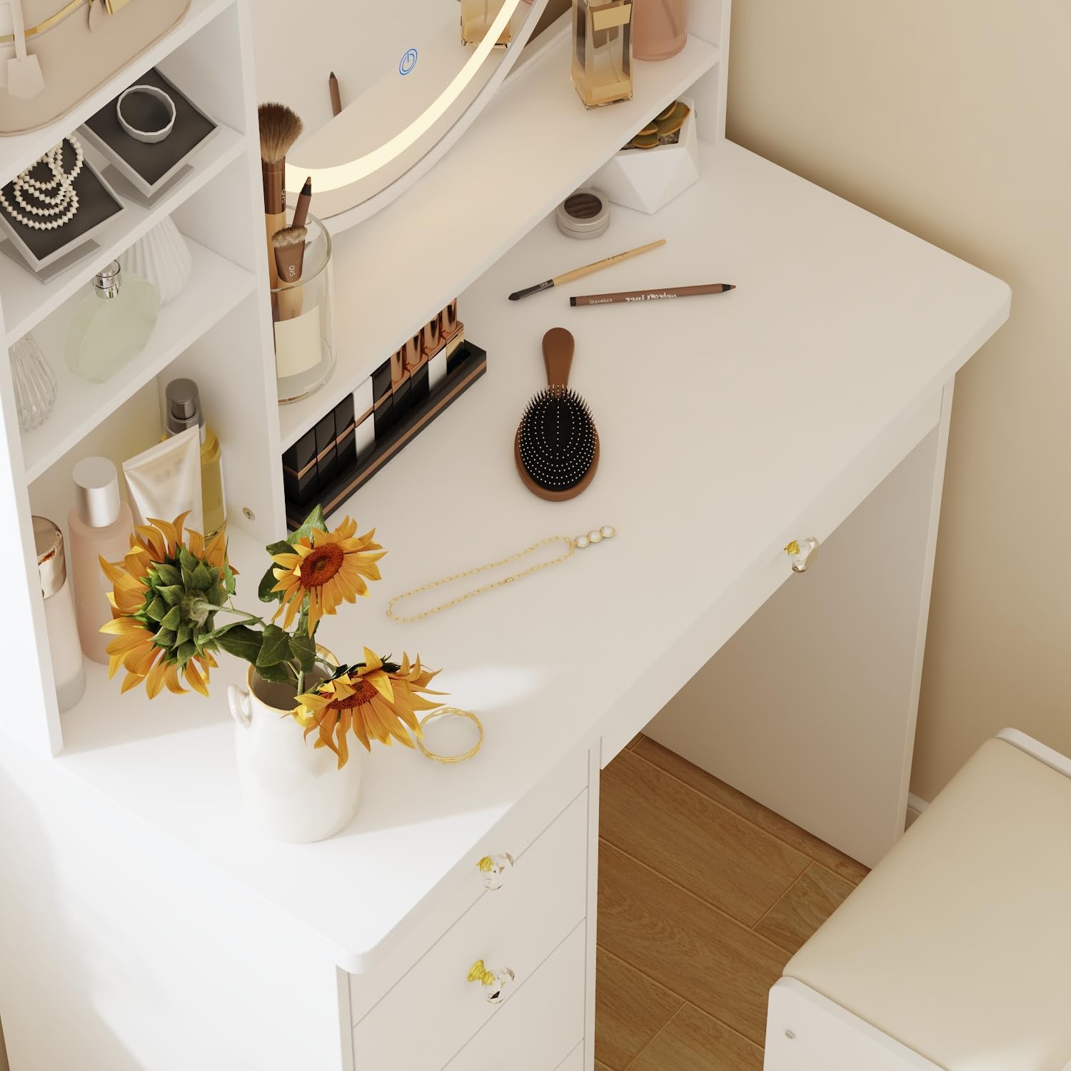 Vanity Desk Set with Lighted Mirror, Makeup Vanity with 5 Drawer & Shelf, Dressing Table with Touch Screen Light & Jewelry Organizer for Bedroom, White (Lighted Mirror)