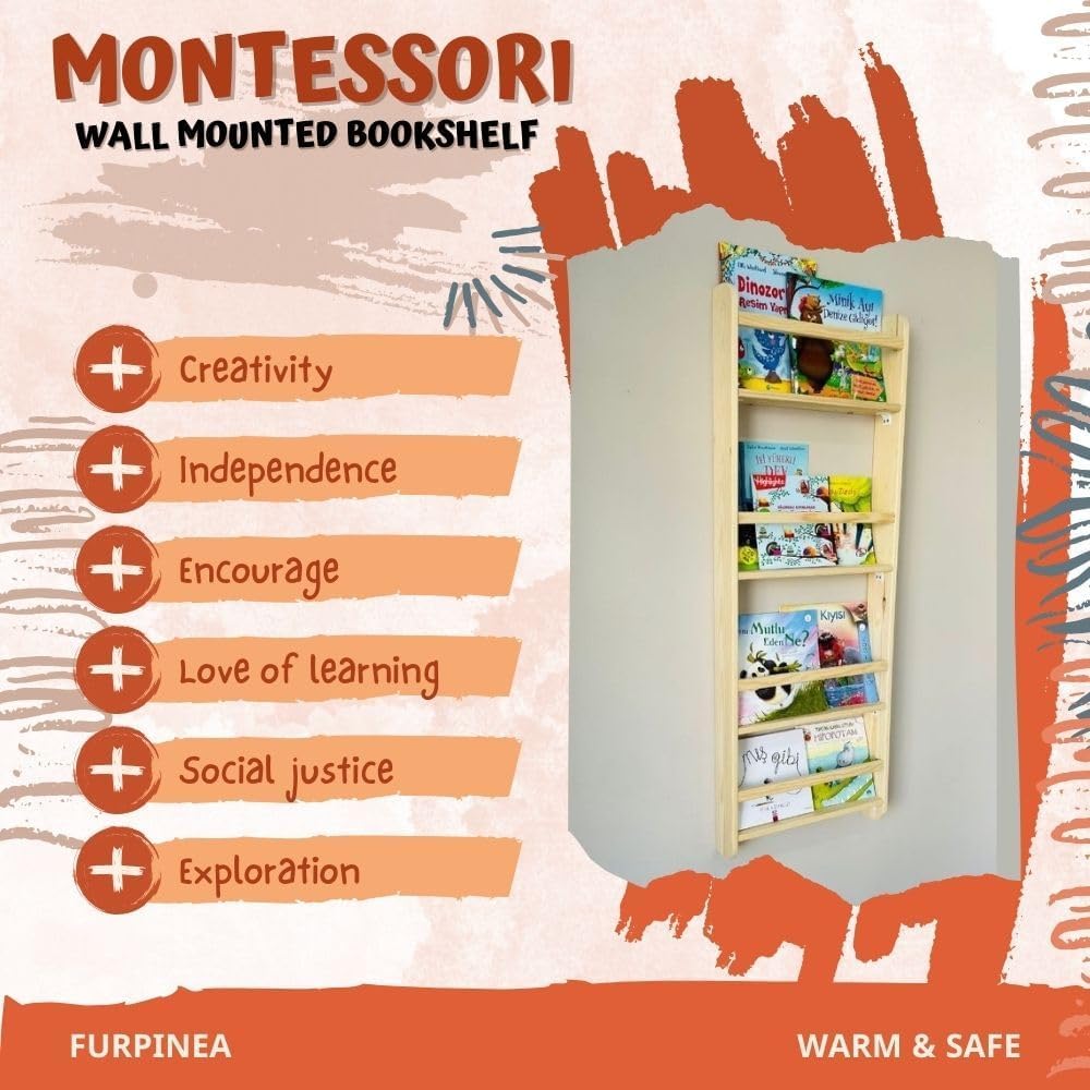 4 Tier Natural Wood Handmade Montessori Kids Bookshelf, Wall Mounted Space Saver Children for Nursery (Wide 24' Width, Natural)