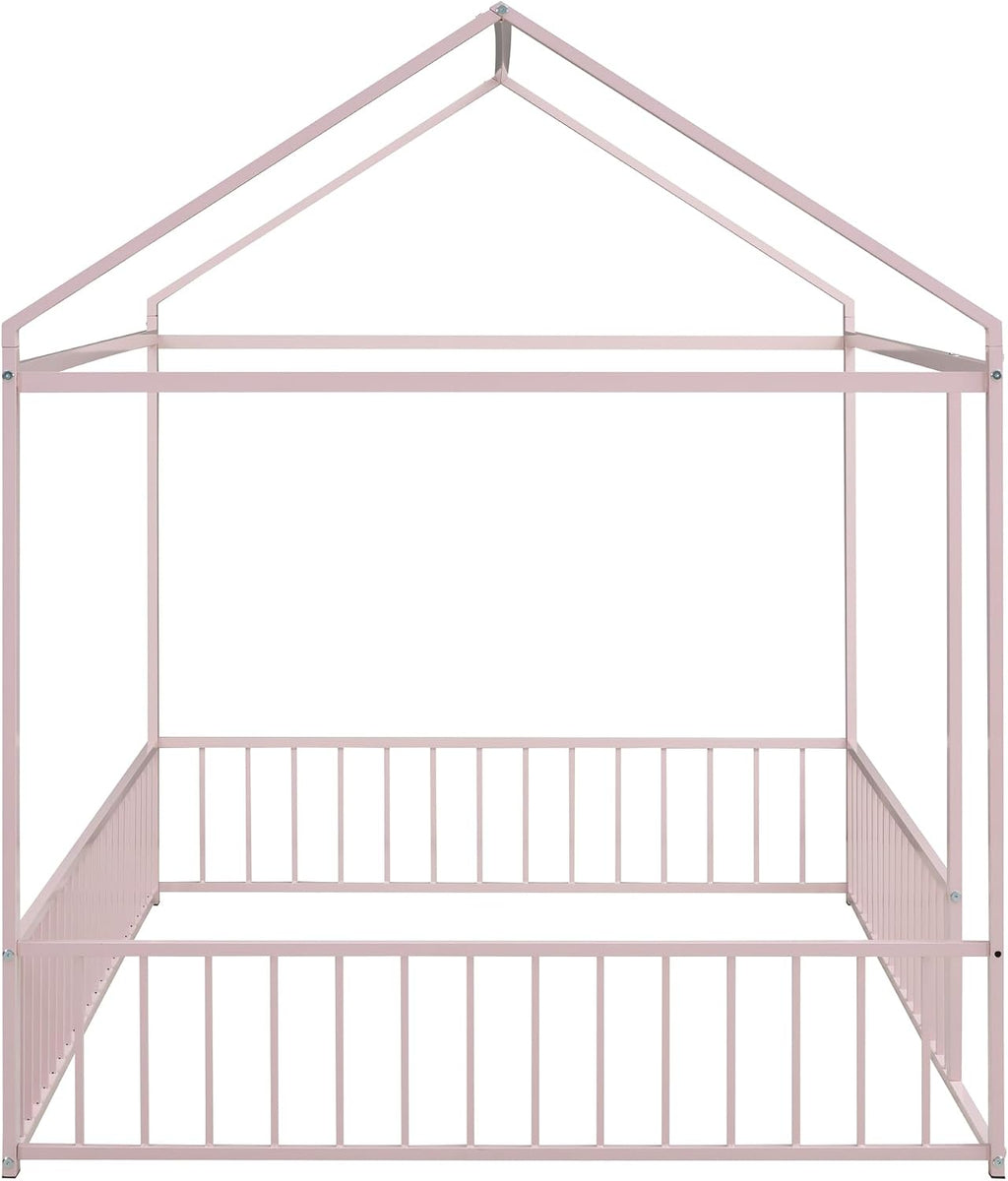 Merax Full Size Metal House Bed Frame with Fence for Kids,Teens,Girls,Boys,Semi-Enclosed Cabin Floor Bed for Bedroom,Pink