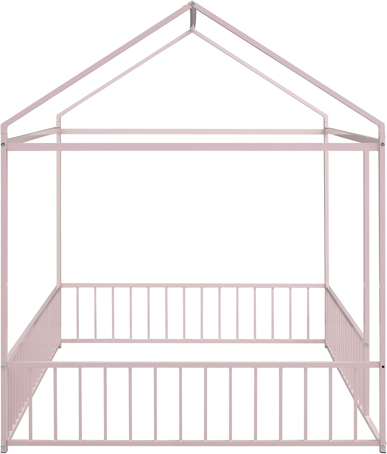 Merax Full Size Metal House Bed Frame with Fence for Kids,Teens,Girls,Boys,Semi-Enclosed Cabin Floor Bed for Bedroom,Pink