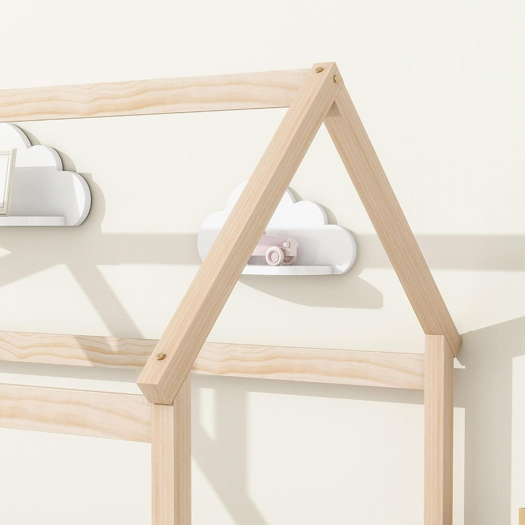 Twin Floor Bed with Slats, Twin Floor Bed for Children, Wooden Montessori Bed with Fence, House Bed for Boys Girls Bedroom - Natural