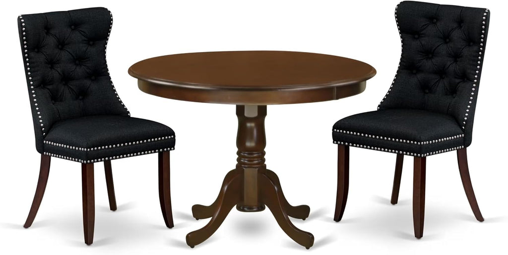 East West Furniture HLDA3-MAH-24 3 Piece Dining Room Furniture Set Includes a Round Wooden Table with Pedestal and 2 Polyester Fabric Upholstered Chairs, 42x42 Inch, Mahogany