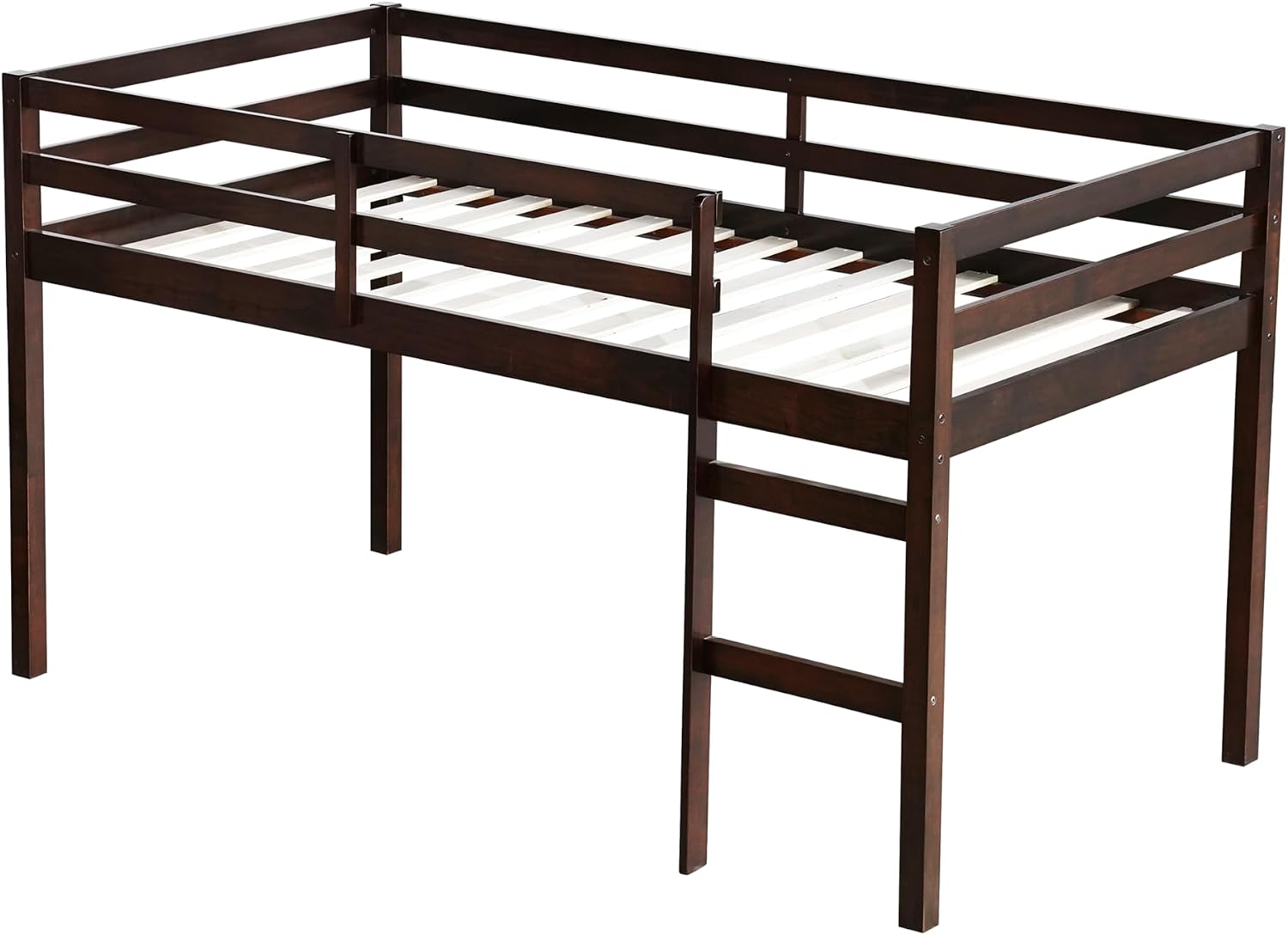 JIVOIT Wood Low Loft Bed Frame with Ladder, Solid Rubber Wooden Twin Loft Bed, Bed Platform of Strengthened Slats, Space Saving Design, No Box Spring Needed (Espresso,104)