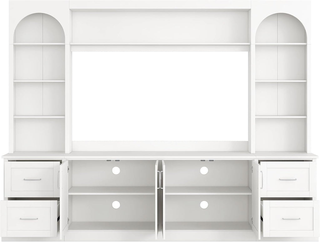 Modern Arched Entertainment Center with Bookshelves and Drawers, Farmhouse TV Stand for TVs Up to 65 Inch, All-in-One Console Media Console Unit with Adjustable Shelves & Cable Holes, White