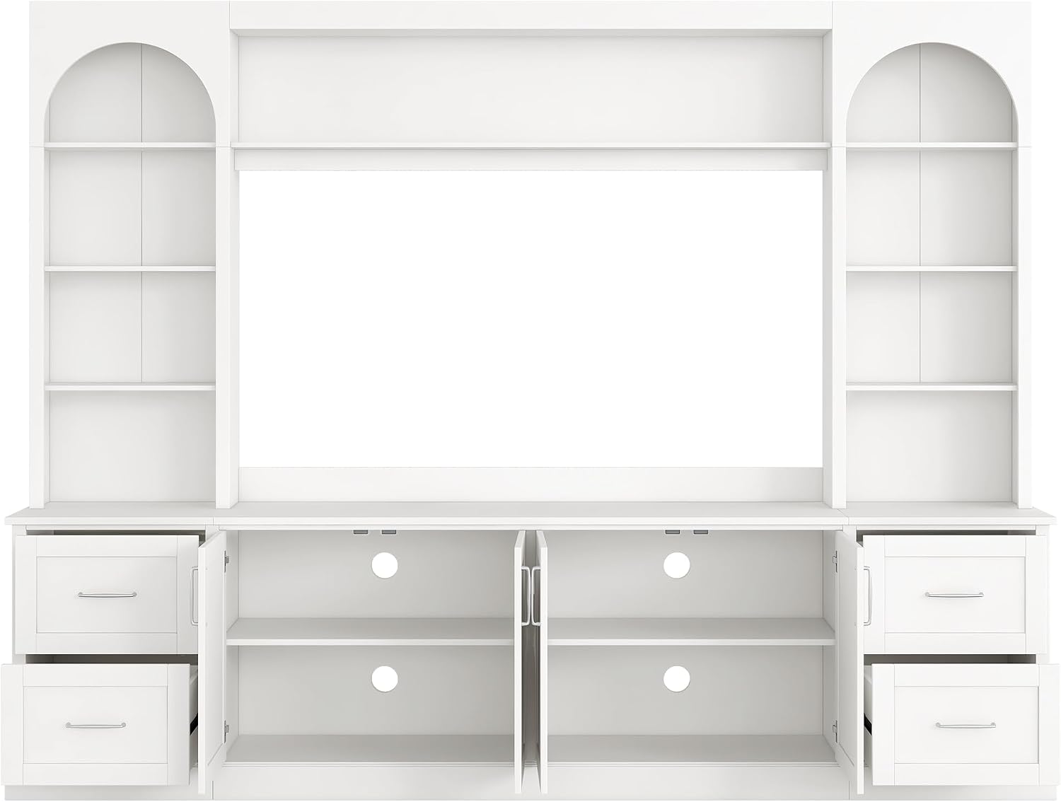 Modern Arched Entertainment Center with Bookshelves and Drawers, Farmhouse TV Stand for TVs Up to 65 Inch, All-in-One Console Media Console Unit with Adjustable Shelves & Cable Holes, White