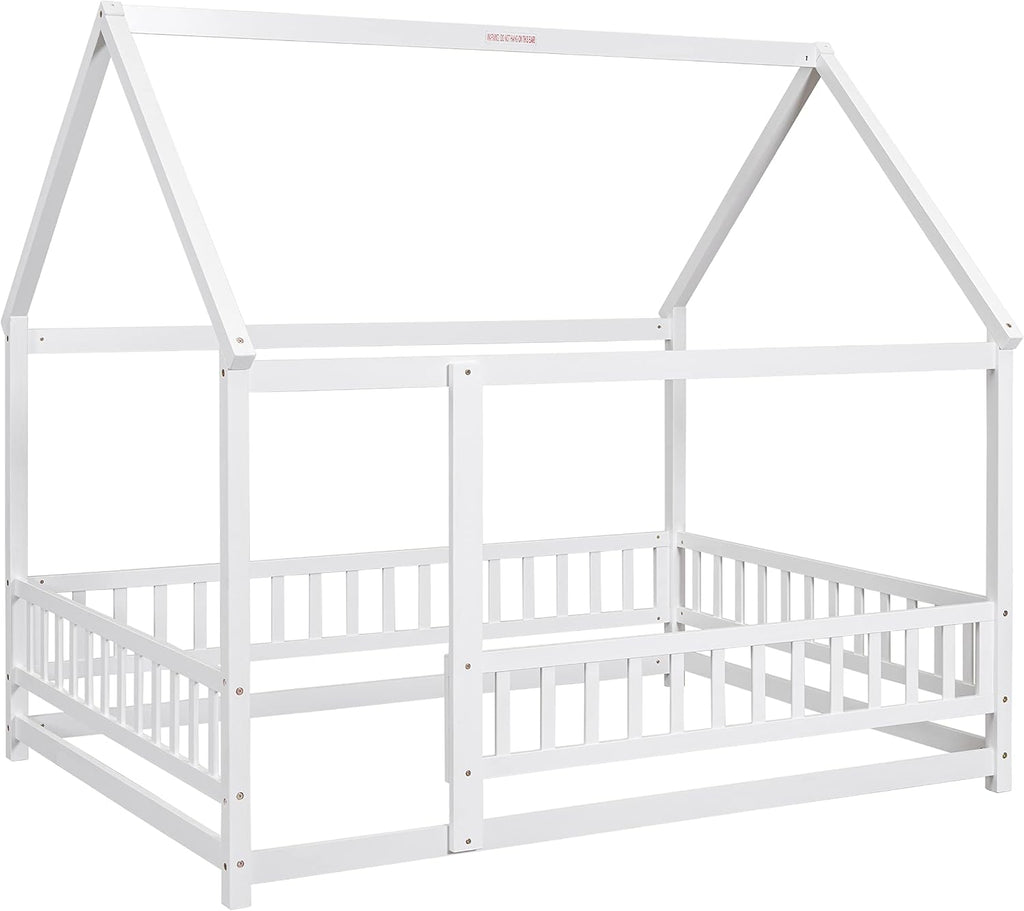 Bellemave Full Size House Floor Bed,Wooden Montessori Bed with Fence and Roof for Kids,Playhouse Full Bed Frame for Girls,Boys(Full,White)