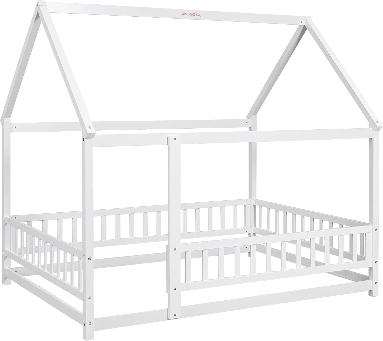 Bellemave Full Size House Floor Bed,Wooden Montessori Bed with Fence and Roof for Kids,Playhouse Full Bed Frame for Girls,Boys(Full,White)
