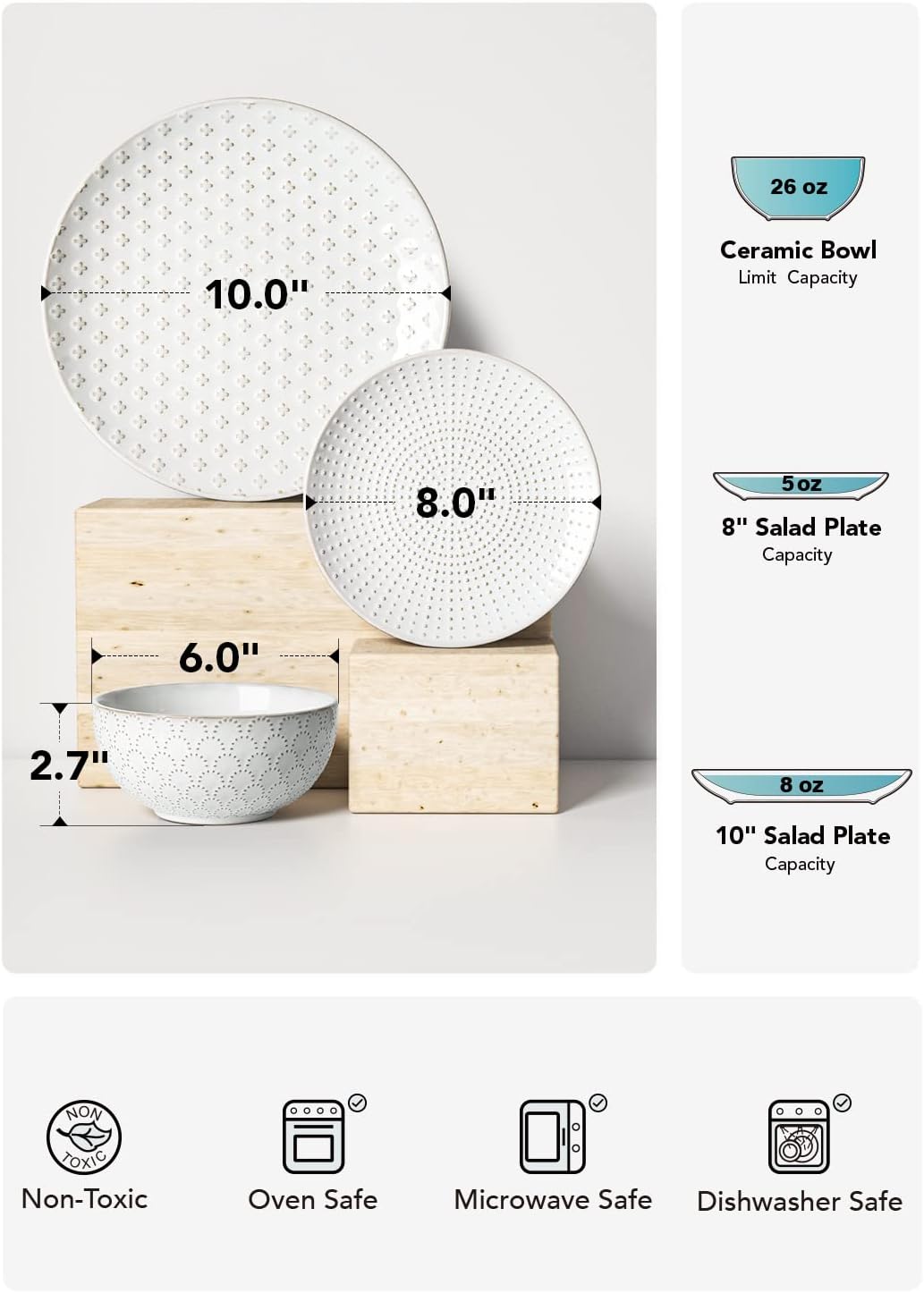 LE TAUCI Plates and Bowls Sets for 4, 12 Piece Ceramic Dinnerware Sets, Modern Stoneware Kitchen Dish Set, Chip Resistant, Microwave & Dishwasher Safe, Embossed, Arctic White