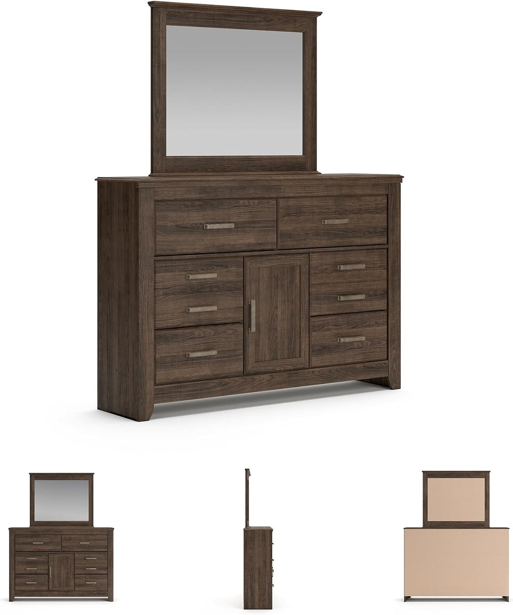 Signature Design by Ashley Juararo Vintage Smooth-Gliding 6-Drawer Dresser and Mirror with Safety Stop, Cabinet and Adjustable Shelf, Dark Brown