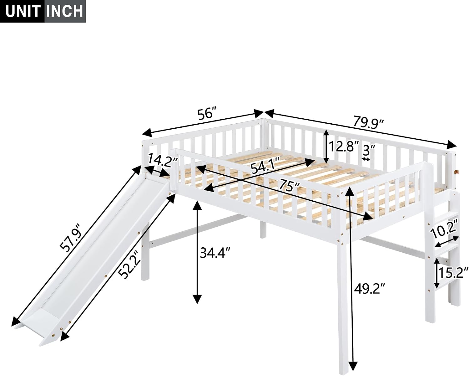 JIVOIT Full Size Wood Loft Bed with Slide, Low Loft Bed with Built-in Ladder and Safety Rails, Space Saving Kids Loft Bed with Underneath Spacious Space, for Kids Boys Girls (White,Full 1)