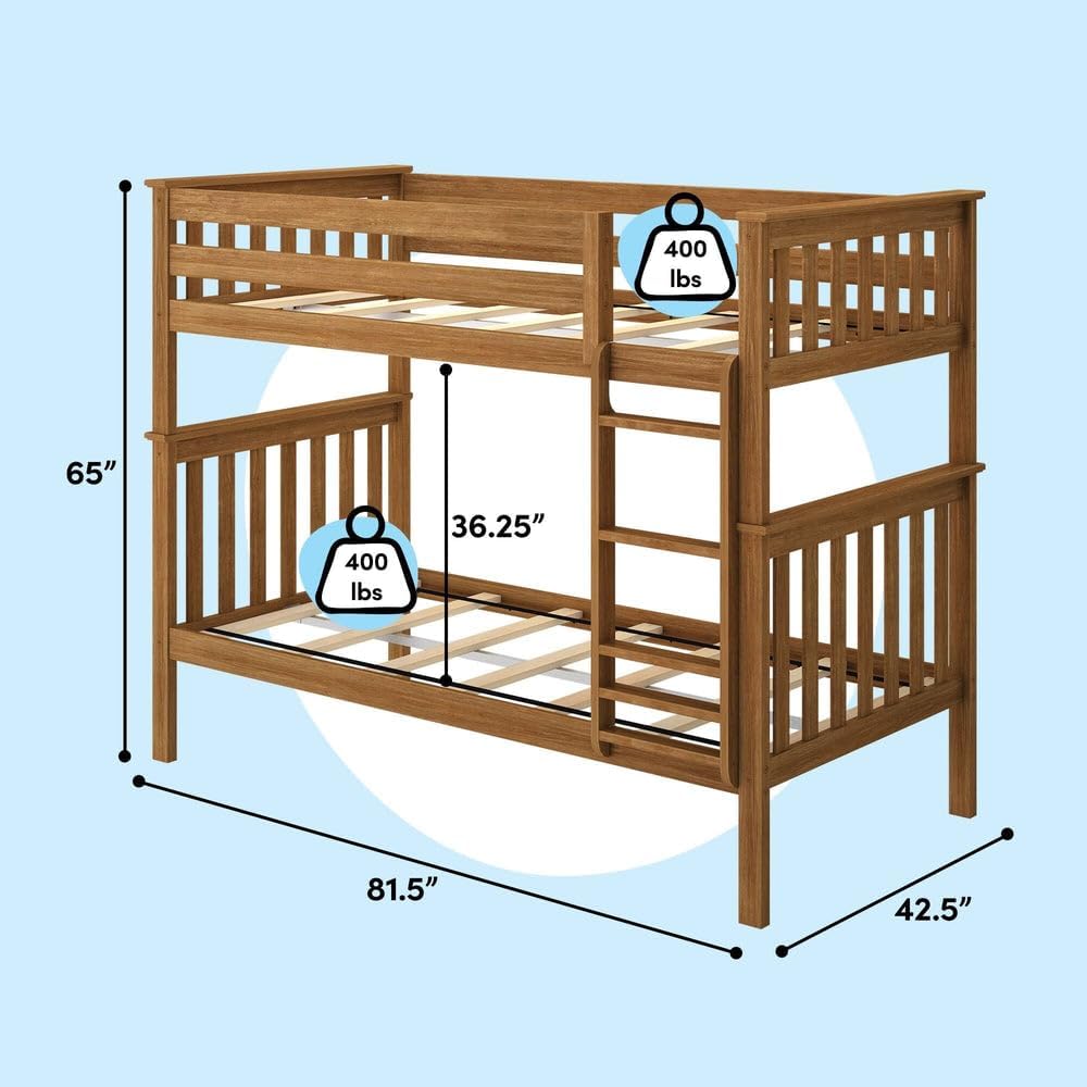 Max & Lily Bunk Bed Twin over Twin, Solid Wood Bunk Bed Frame with Ladder for Kids, 14' Safety Guardrails, Easy Assembly, No Box Spring Needed, Pecan