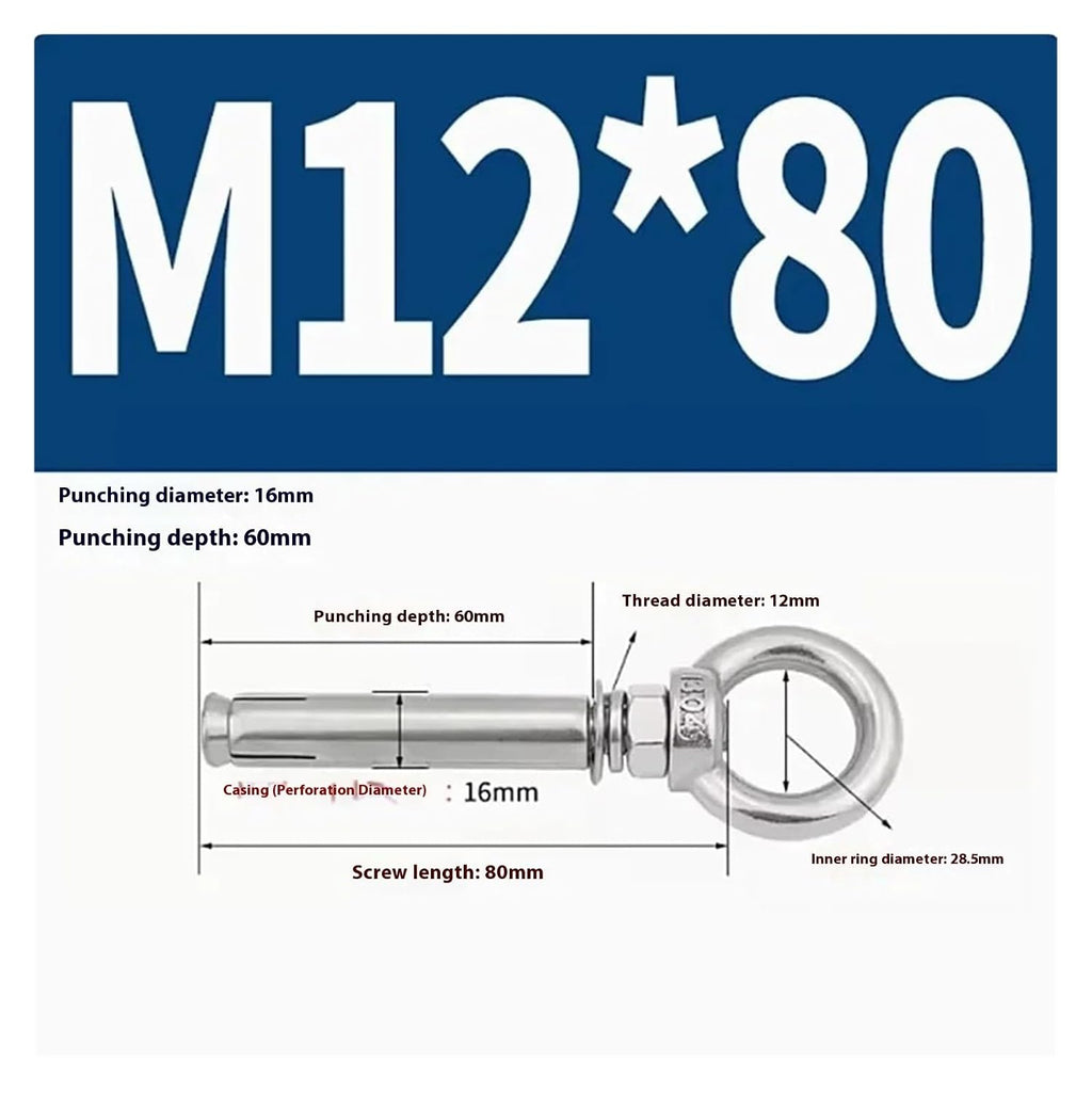 Anchor Bolts,Expansion Bolt, 5Pcs Stainless Steel Universal Ring Expansion Screw Sleeve Anchor Concrete Eye Bolt Installation Artifact Long Hook(M12*80MM)