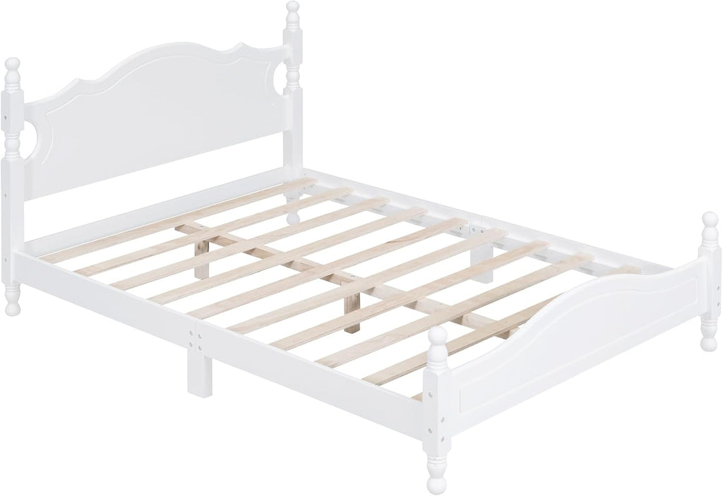 JIVOIT Retro Style Platform Bed with Headboard and Footboard, Full Size Wood Platform Bed Frame with Wooden Slat Support, Solid Wood Foundation, No Box Spring Required (White,4,Full)