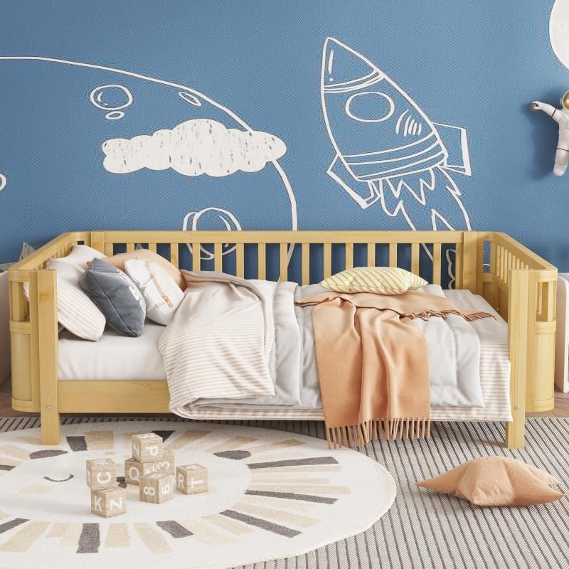 JIJIWANG Montessori Floor Bed with Slats, Low Profile Full Bed Frame for Kids, for Kids Bedroom, Girls & Boys, No Box Spring Needed, Natural