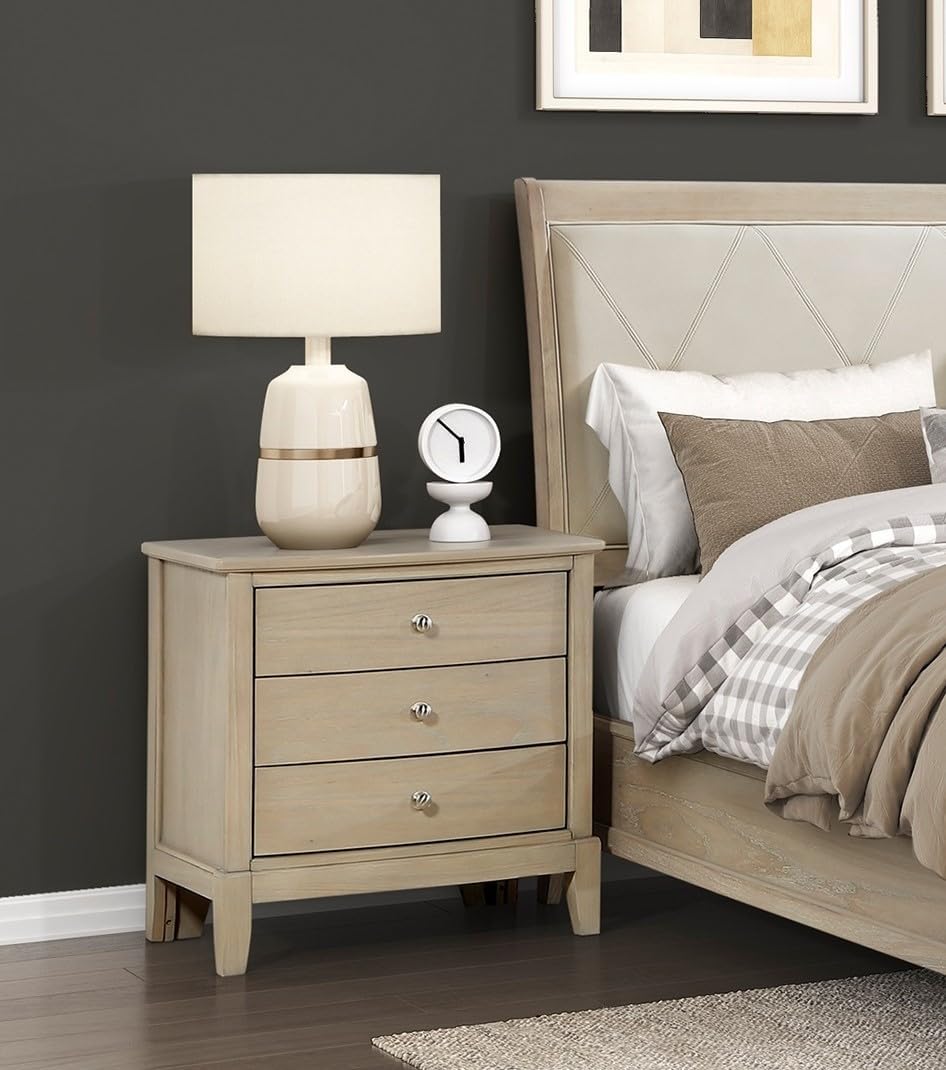 3 Pieces Bedroom Furniture Set Full Size Bed and Nightstands Tufted Headboard Beige Finish Durable
