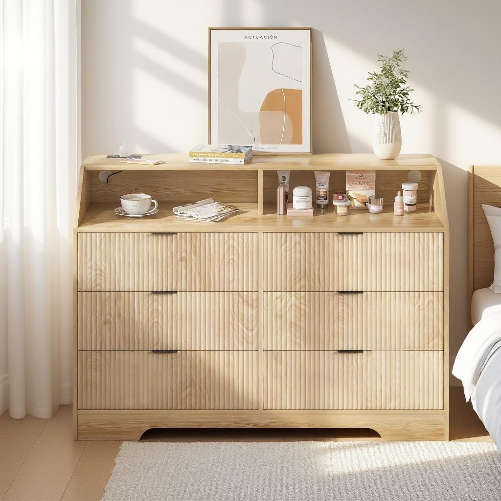 Fluted Dresser for Closet, Boho Bedroom 6 Drawer Dresser TV Stand with Charging Station, Oak Wide Chest of Drawers, Farmhouse Wood Closet Clothes Storage for Living Room, Metal Handle, 47'