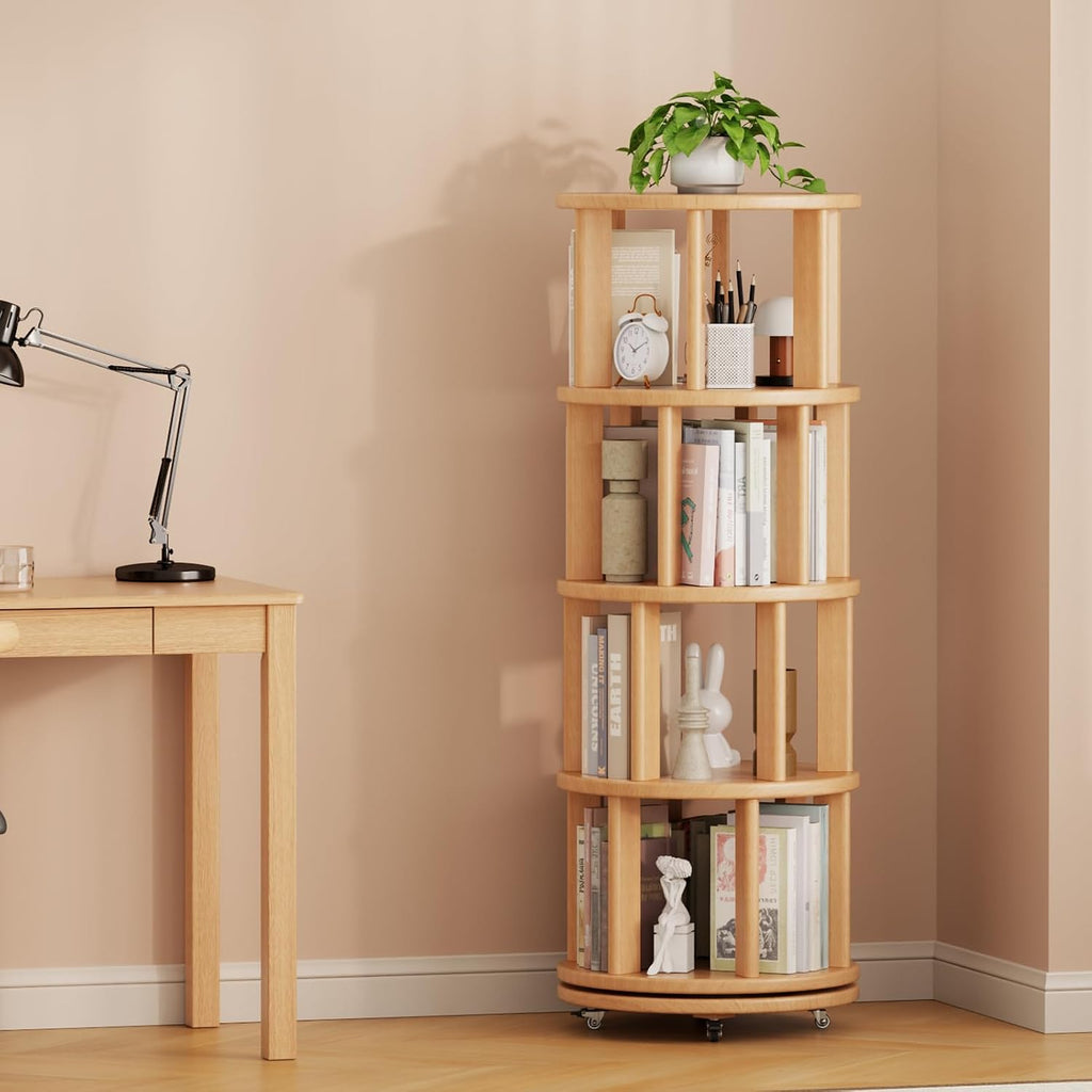 Muwuele Solid Wood Rotating Bookshelf on Wheels, 4 Tier, Round Revolving Bookcase, 360° Spinning Book Shelf Tower for Kids, Narrow Rolling Bookshelves for Small Space, Corner, Bedroom, Office, Natural