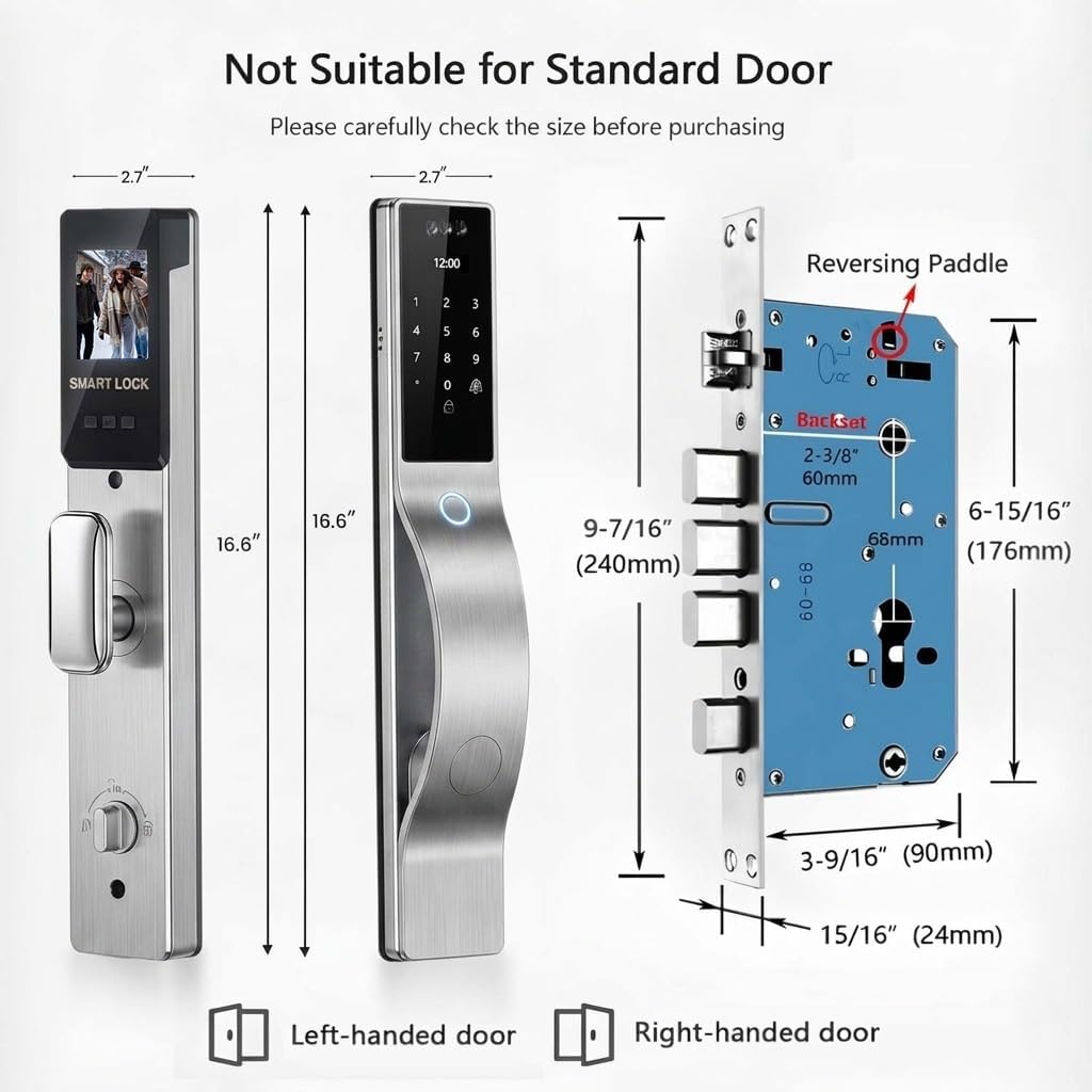 Smart Door Lock with Camera: 3D Face Recognition, Keyless Door Lock with Biometric Fingerprint, Passcode, IC Card, Mechanical Key, Doorbell, Video Intercom, WiShome App, Auto-Lock, Front Door Lock