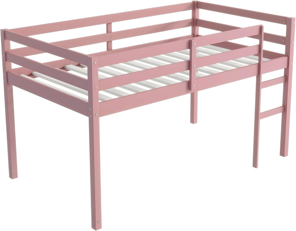 JIVOIT Twin Size Loft Bed with Ladder, Solid Rubber Wooden Low Height Loft Bed, Bed Platform of Strengthened Slats, No Box Spring Needed (Pink//14)