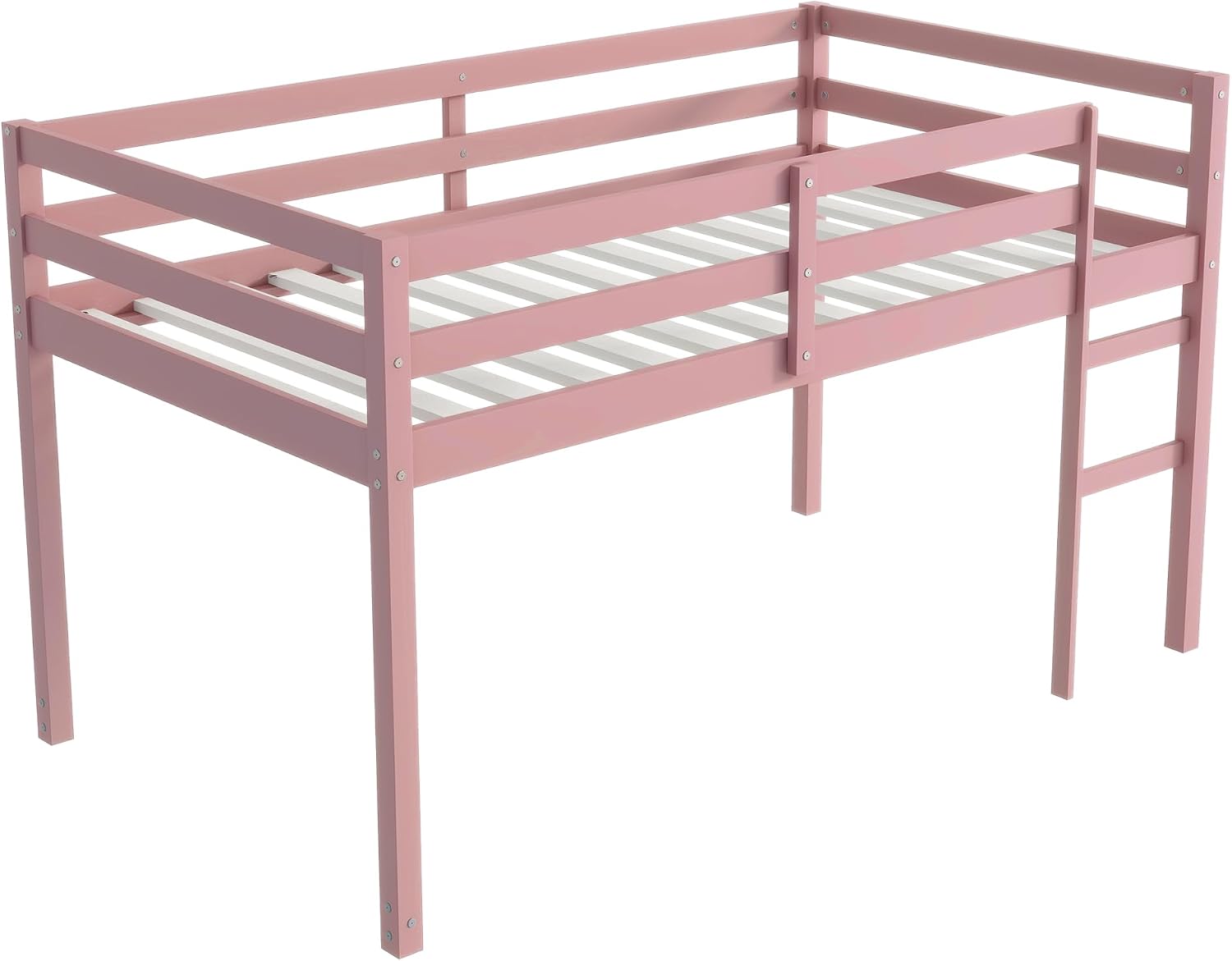 JIVOIT Twin Size Loft Bed with Ladder, Solid Rubber Wooden Low Height Loft Bed, Bed Platform of Strengthened Slats, No Box Spring Needed (Pink//14)