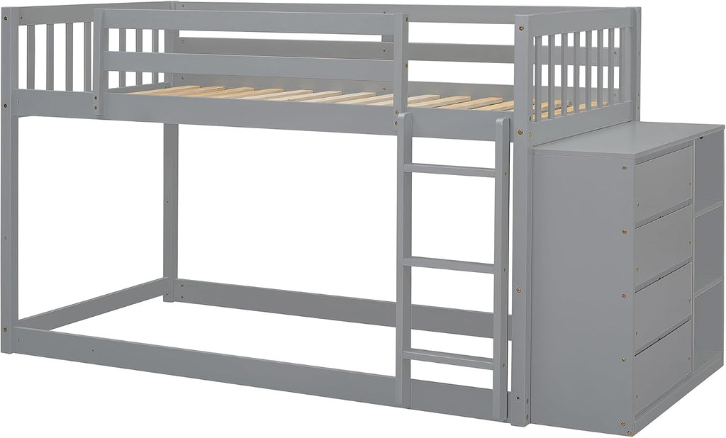 Merax Twin Over Twin Bunk Bed with 4 Drawers and 3 Shelves, Gray Bed Frame Wooden, No Box Spring Needed