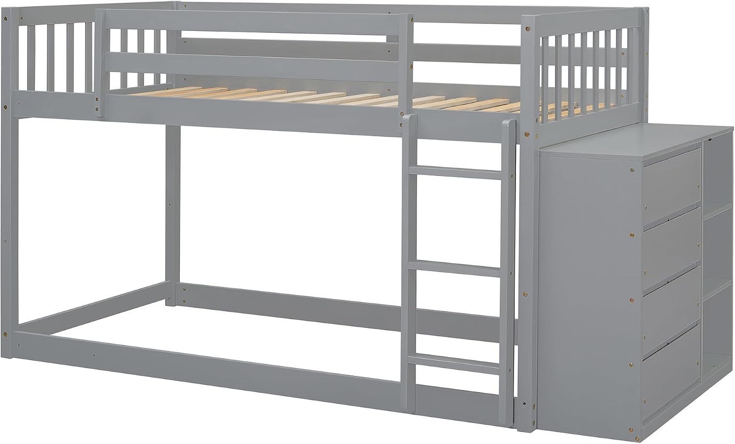 Merax Twin Over Twin Bunk Bed with 4 Drawers and 3 Shelves, Gray Bed Frame Wooden, No Box Spring Needed