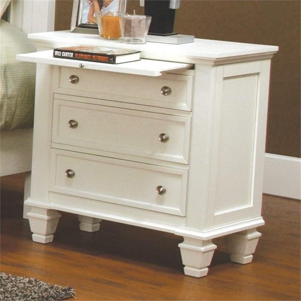 Bowery Hill 3-Drawer Coastal Wood Nightstand, White/Silver Finish, 29.75'H x 29'W x 16.5'D, Solid Asian Hardwood MDF, French Country Style, Felt-Lined Top Drawer, Slide-Out Tray for Bedroom Storage