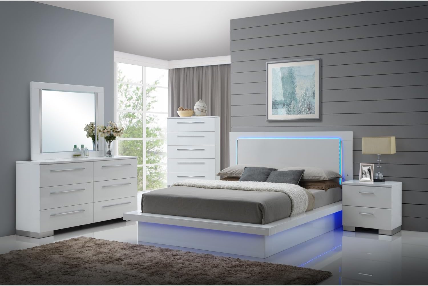HomeStock Modern 5-Piece Bedroom Set with Lighted Panel Bed - White Finish