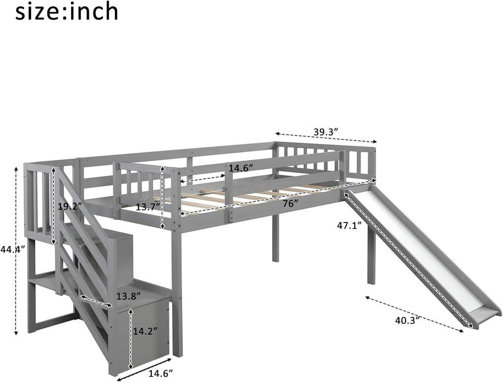 Twin Low Loft Bed with Adjustable Slide/Staircase/Storage Shelves for Kid/Boy/Girl/Teens, Full-Length Guardrails, Solid Wood, Space-Saving (Gray+Low Loft Bed)