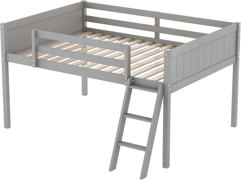 JIVOIT Full Size Low Loft Bed, Wooden Loft Bed with Convertible Ladder, Ladder can be Placed on The Left or Right, Full-Length Guardrails, No Box Spring Required (Gray & Convertible Ladder,Full)